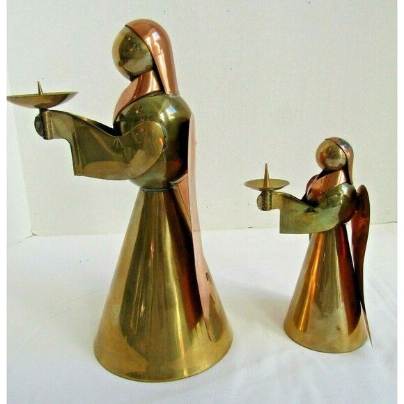 Vintage Copper Brass Angel Candle Holders Set of 2 Christmas Holiday 9.5" & 6.5" - Picture 4 of 7